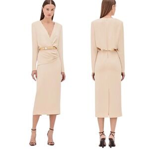 Alexis Fraser Wrap Midi Dress Ivory Belted Long Sleeve Cocktail NWT Womens M